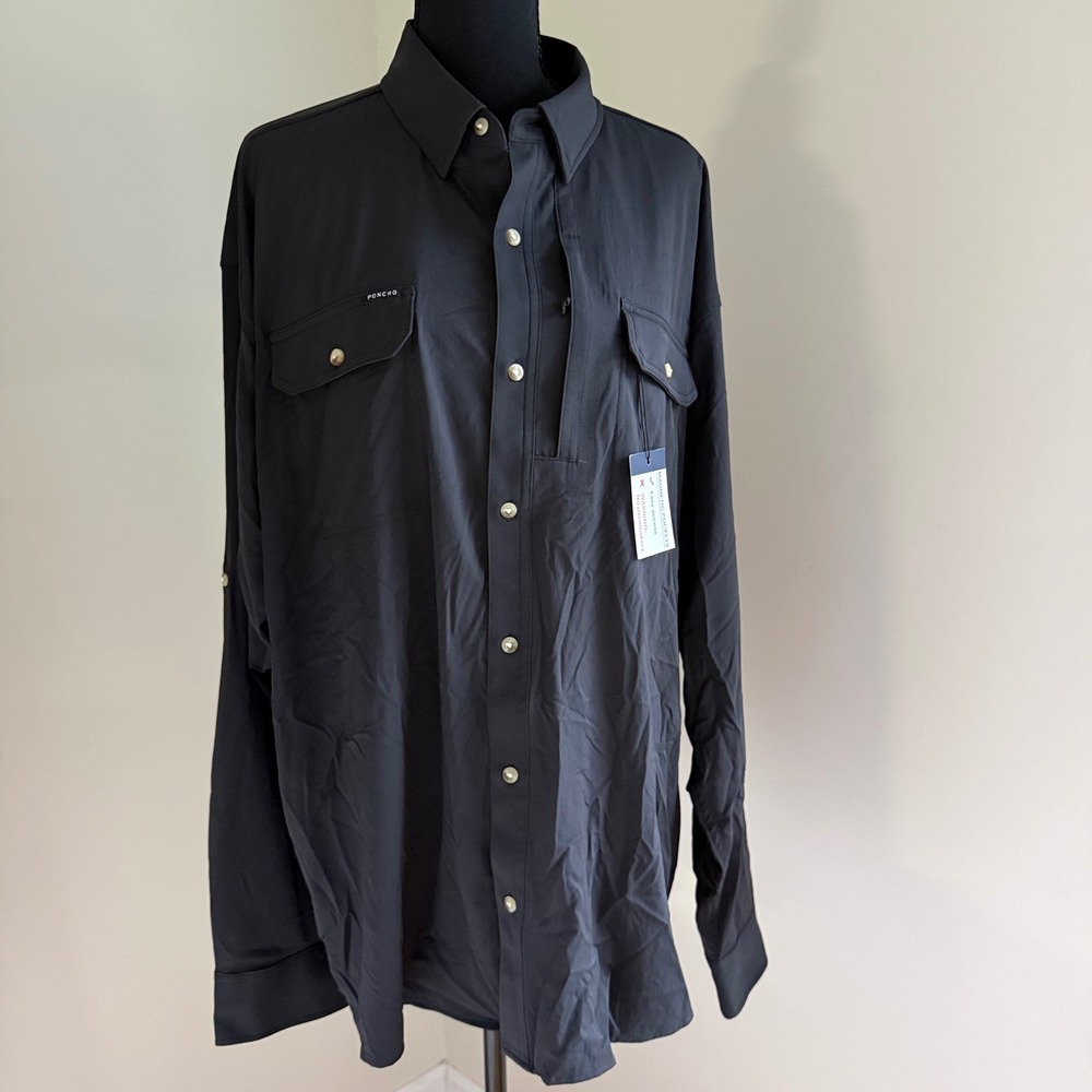 PONCHO Outdoors Men's Performance Fishing Shirt XL Charcoal Magnetic Pockets NWT
